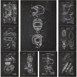 Retro Motorcycle Body Patent Drawing Helmet Cycle Support Posters Canvas Painting Line Art Wall Picture Living Room Home Decor