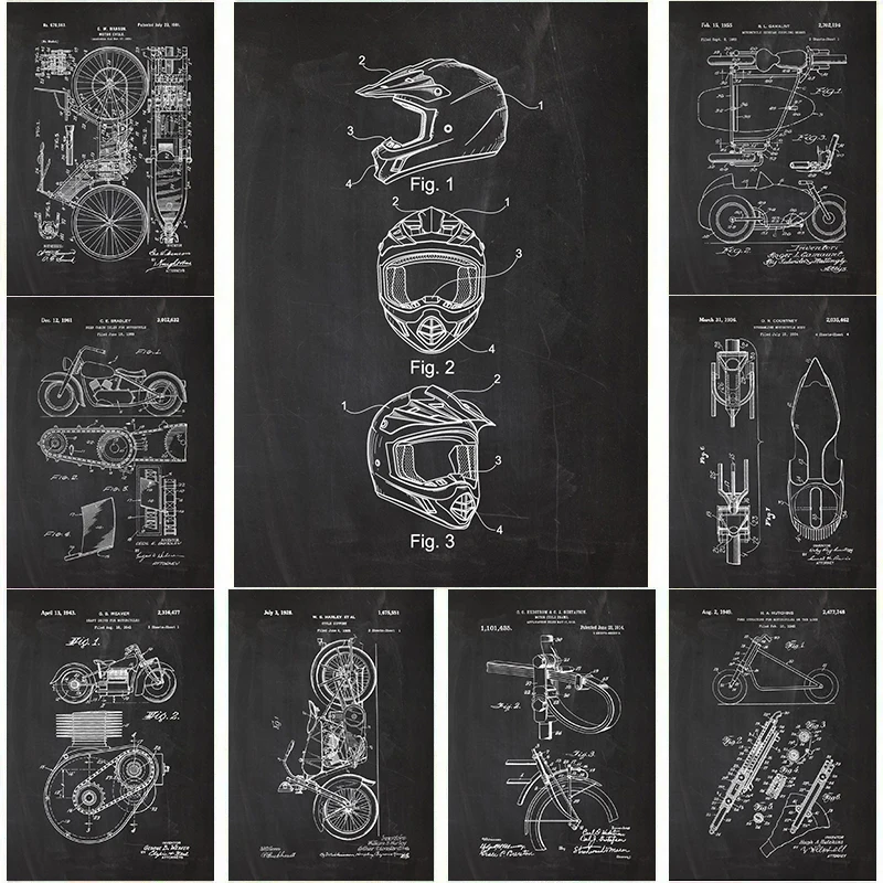 Retro Motorcycle Body Patent Drawing Helmet Cycle Support Posters Canvas Painting Line Art Wall Picture Living Room Home Decor