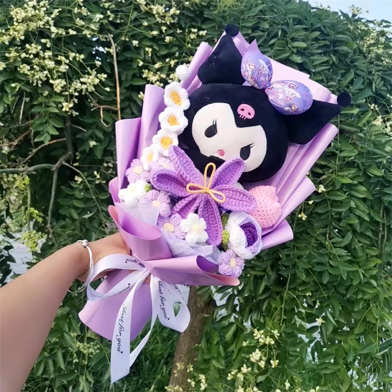 Hello kitty Kuromi Wool Crochet Flowers Bouquet Kawaii Anime Plush Doll Soft Stuffed Toys Valentine's Day Gifts For Kid