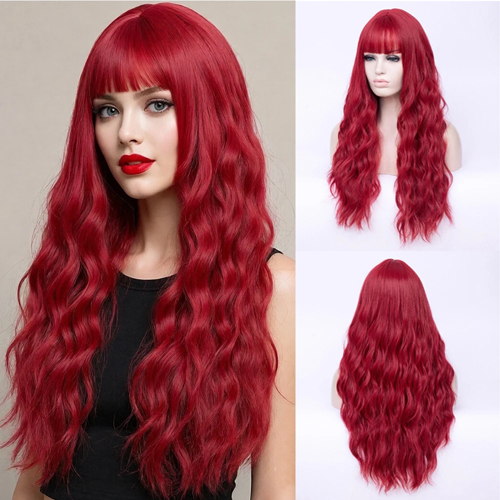 

Синтетический длинный волнистый парик винно-красного цвета с челкой для женщин, для повседневного использования, косплея, в стиле Лолита, для вечеринок, искусственные волосы, термостойкие