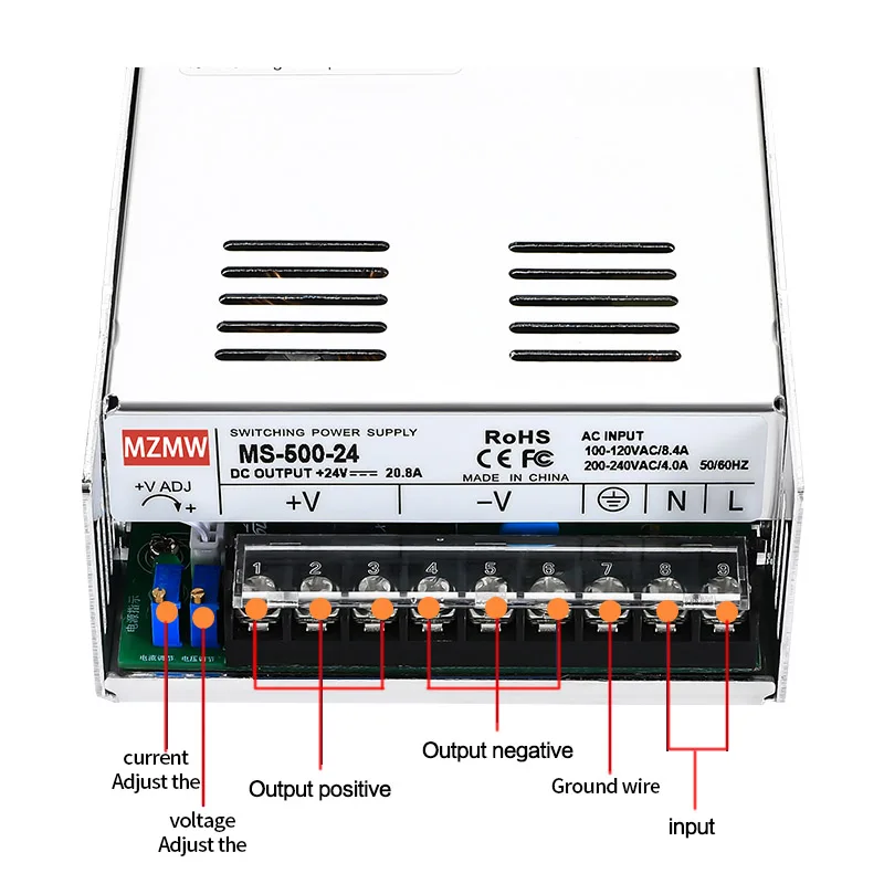 MZMW MS500 Switching Power Supply 500W 5V 12V 24V 36V 48v 60V 72V 80V 110V Adjustable Voltage Single Output MS-500-24 MS-500-48