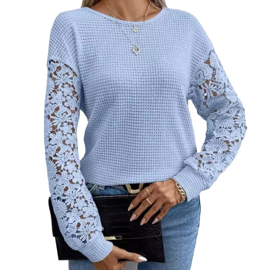 25 Spring and Summer New  Models, Amazon Solid Color Lace Long-sleeved Splicing Waffle Backless Lace-up Loose T-shirt Cw32455