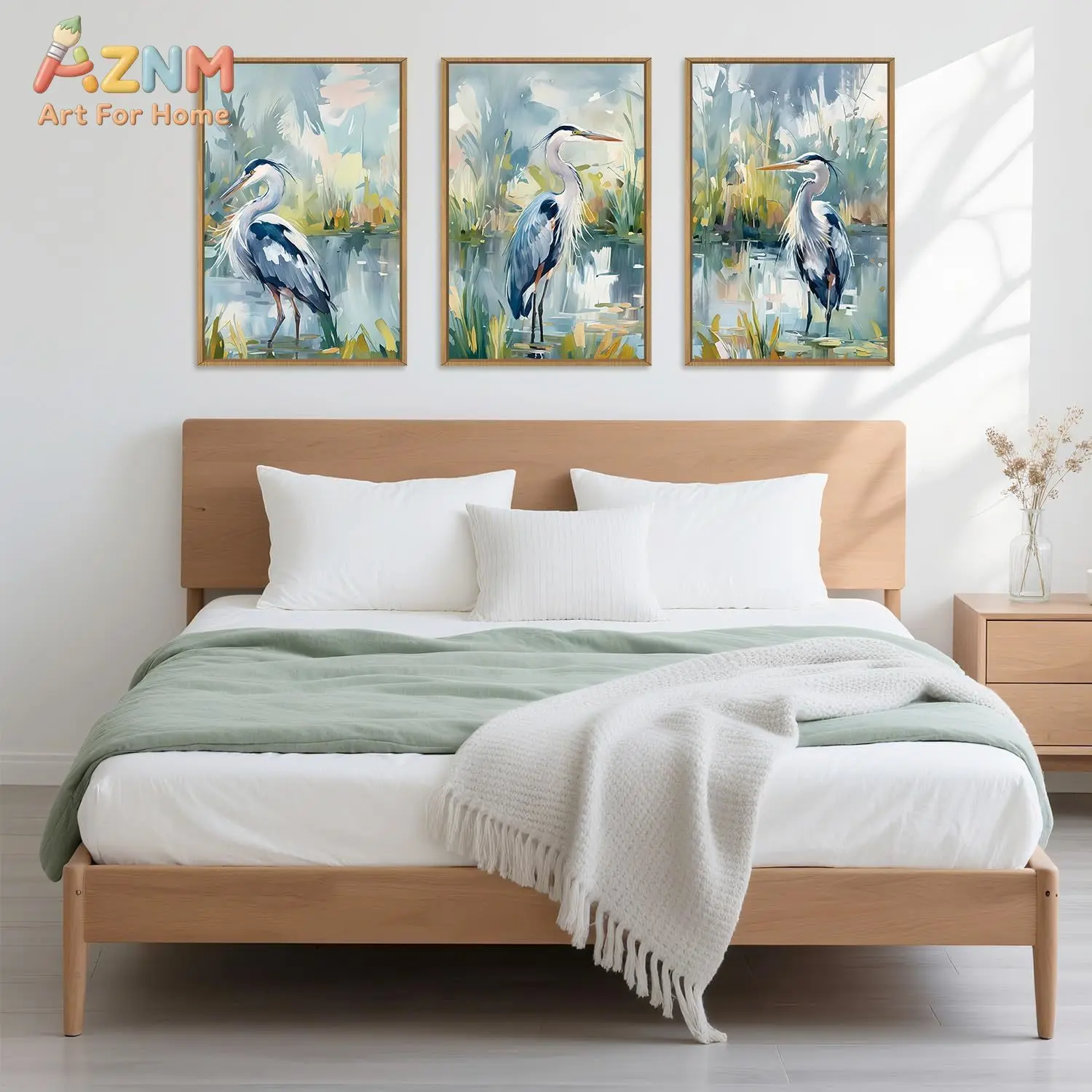 3PCS Watercolor Great Blue Heron Canvas Wall Art Set Wetland Nature Scene Prints Posters Modern Wildlife Painting Unframed Decor