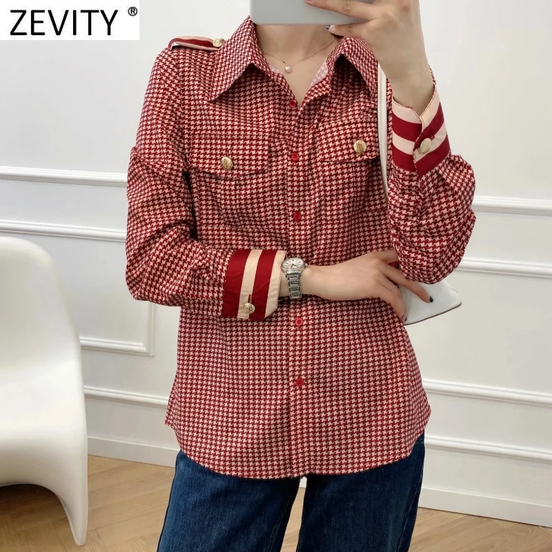 Zevity Women Vintage Red Houndstooth Print Patchwork Casual Smock Blouse Office Lady Pocket Patch Shirts Chic Blusas Tops LS9341