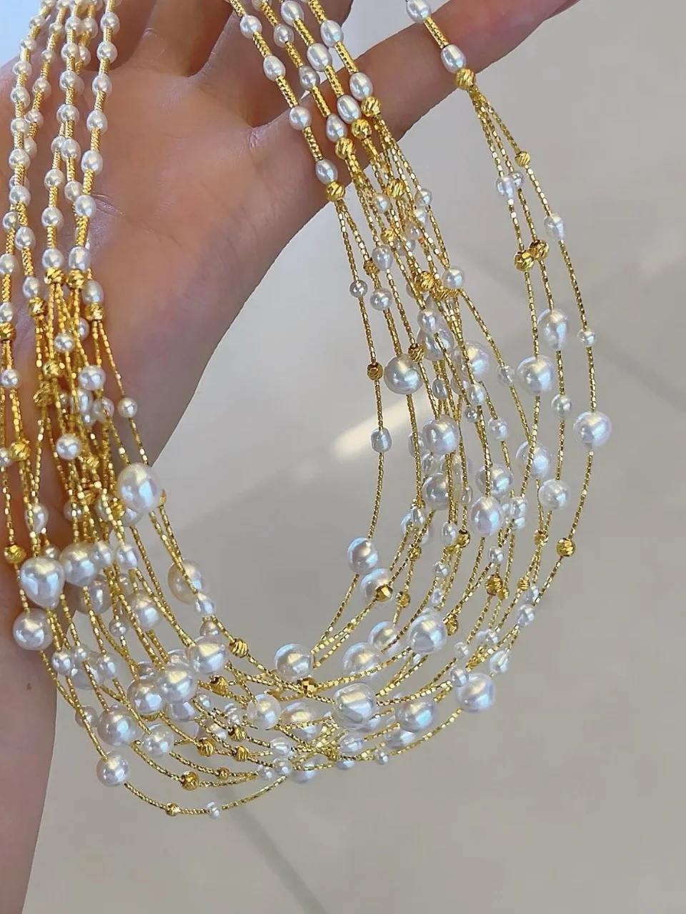 Certificate 925 Sterling Silver Natural High Quality Aurora Freshwater Pearl Necklace Dainty Stackable Multi-Layer Choker Jewel