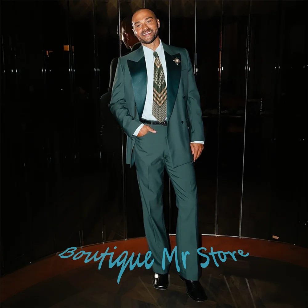 

Мужской темно-зеленый двубортный костюм из двух предметов (куртка + брюки), комплект с атласными лацканами, роскошный модный пиджак для роскошных официальных мероприятий