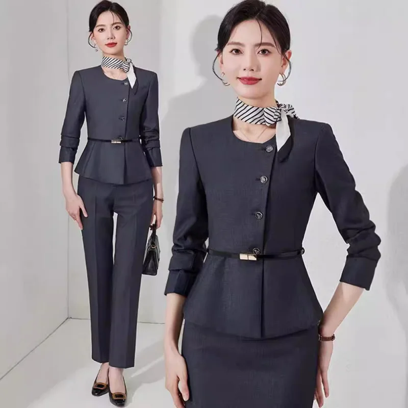 Gray Business Suit Women's Spring and Autumn Hotel Manager Front Desk Frock Suit Skirt Temperament Office Suits