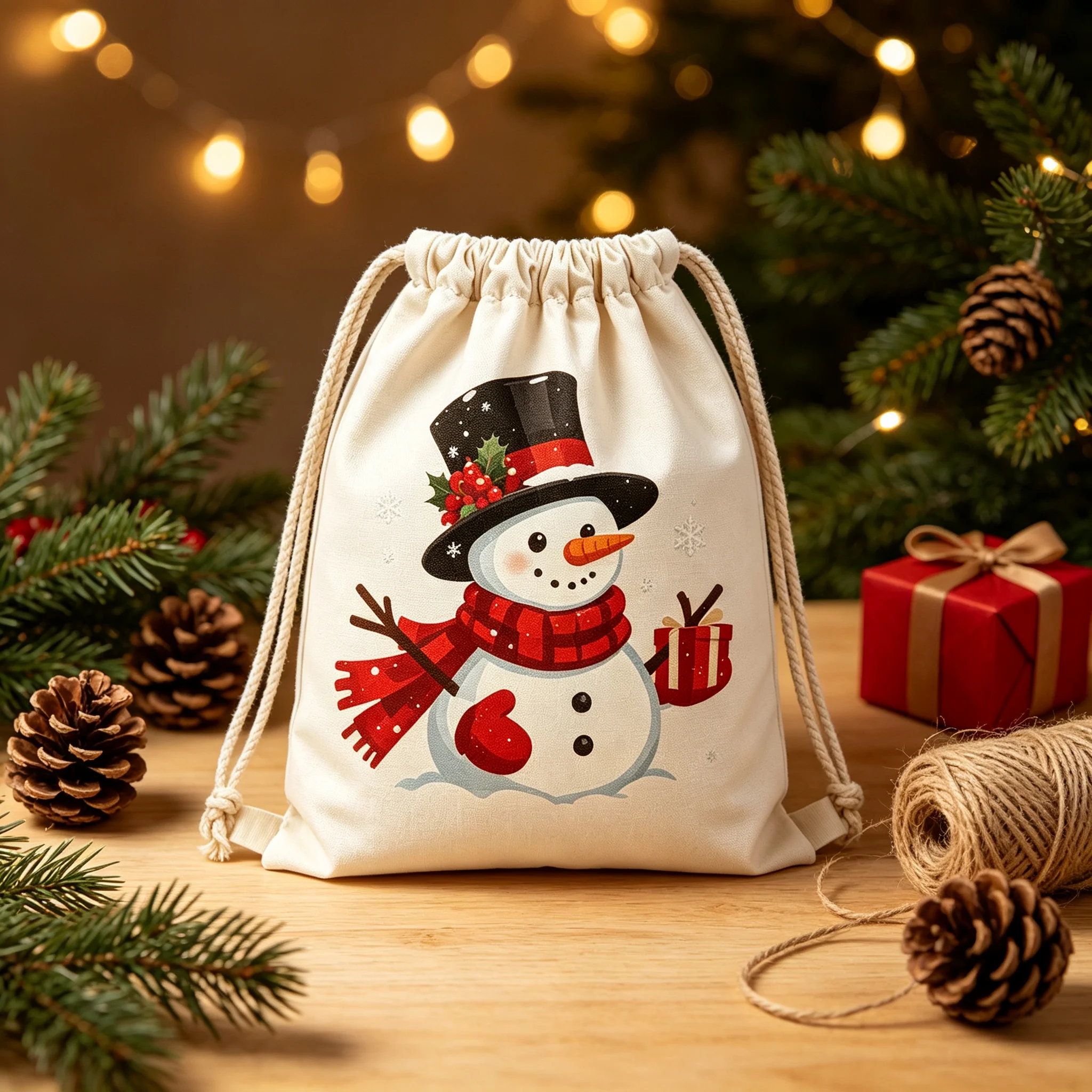 Cute Christmas Snowman Drawstring Gift Bag Winter Snowman Print Sack Holiday Treat Pouch Xmas Party Favor Storage Bag