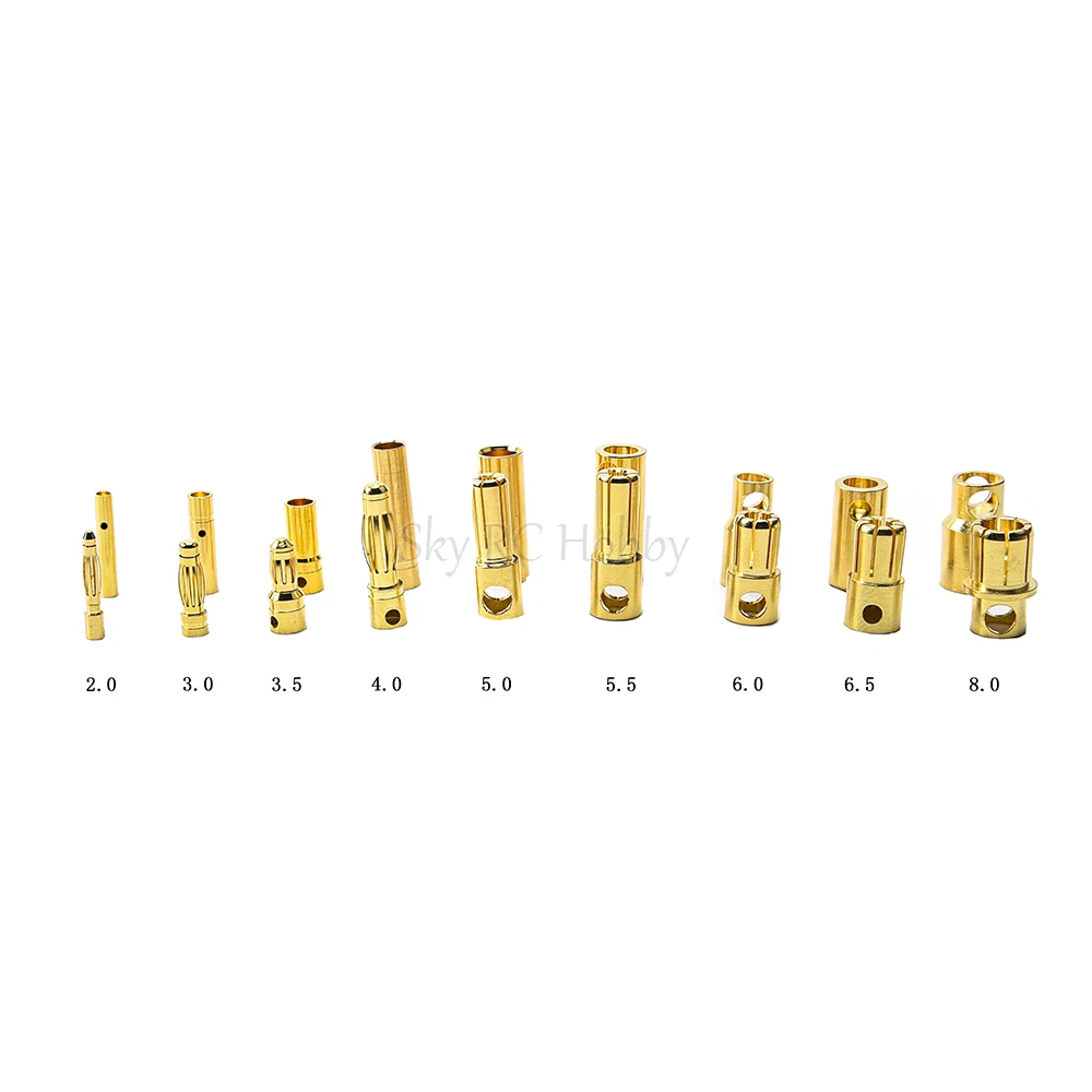 10Pairs 2mm 3.5mm 4mm 5mm 5.5mm 6mm 6.5mm 8mm Gold Bullet Banana Connector Gold-plated Bullet Plug for FPV RC Drone ESC Motor