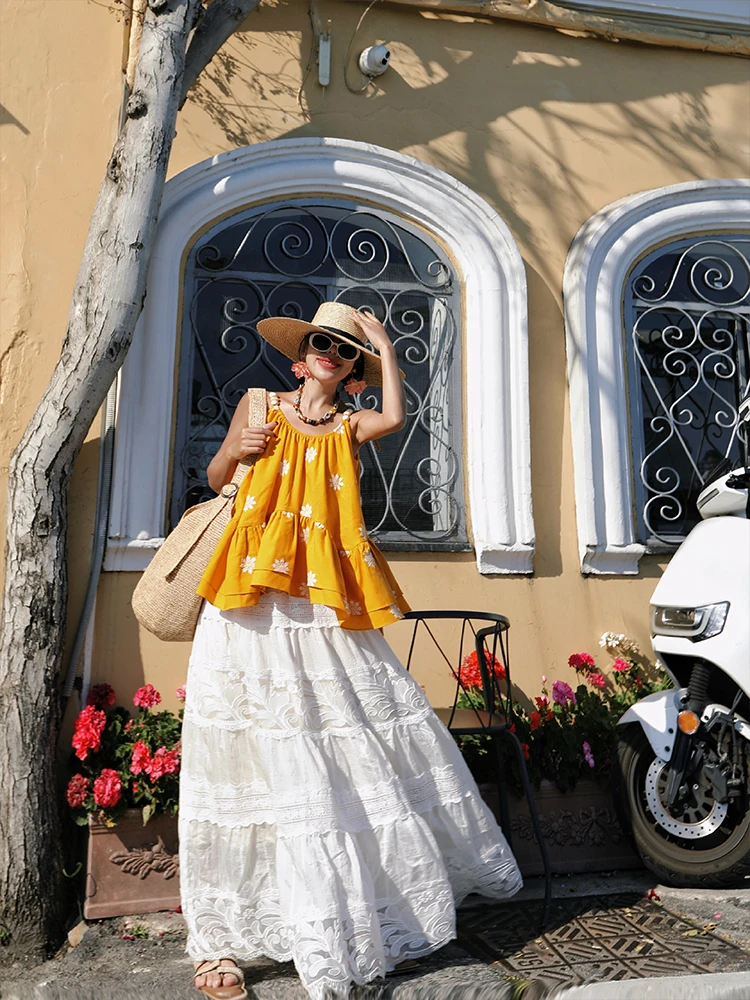 Tiyihailey saia longa maxi para mulheres renda branca malha retalhos saias senhoras cintura elástica, primavera verão nova moda 2025 uma linha