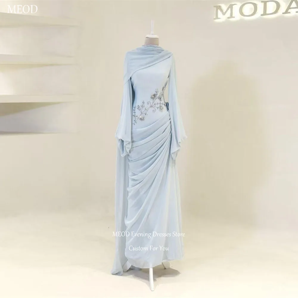 MEOD Sky Bule High Neck Muslim Evening Gown Long Sleeve Dubai Abendkleid Flower Chiffon A line فساتين سهرة Customized