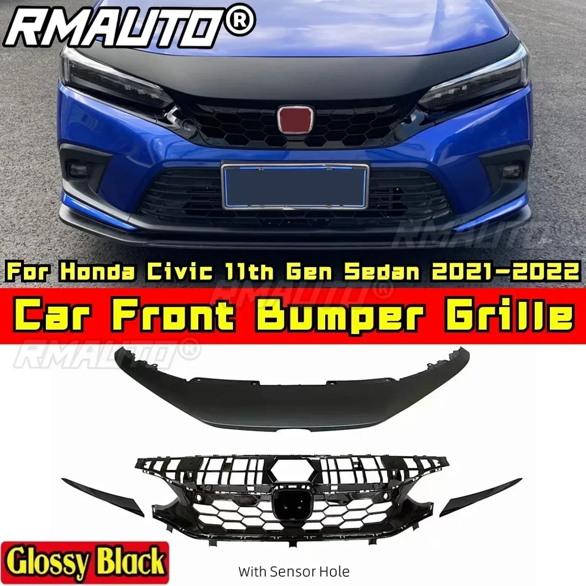 For Civic Body Kit Car Grill Glossy Black Si style Front Bumper Grill For Honda Civic 11th Gen Sedan 2021-2022 Car Accessories