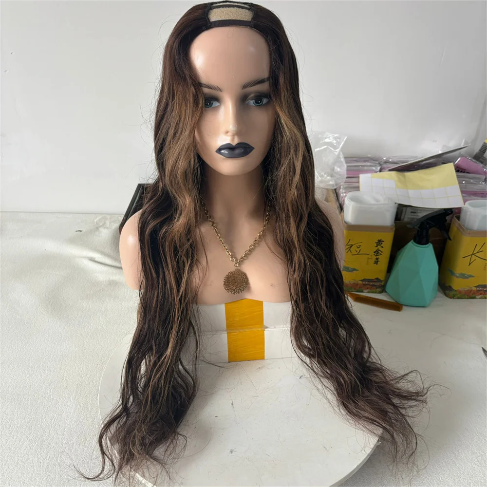 

2x4 U-образный парик, 28-дюймовые длинные объемные волны, парики из натуральных волос, коричневые блики, бесклеевой парик, готовый к отправке