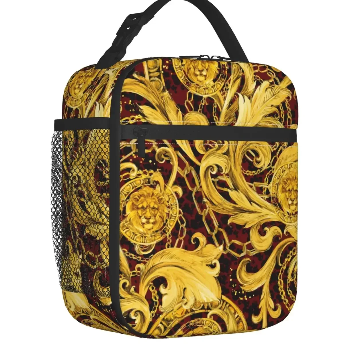 

Golden Lion Baroque Print Insulated Lunch Bag Women Portable European Rococo Style Cooler Thermal Lunch Box Beach Camping Travel