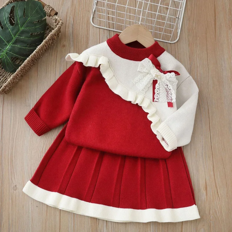 

2025Girls' Autumn New Knitted New Year Lace Bow Sweater and Skirt Two-Piece Set