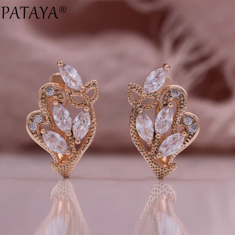 PATAYA New 585 Rose Gold Color Earrings Horse Eye Petal Natural Zircon Dangle Earrings Women Creative Vintage Fashion Jewelry