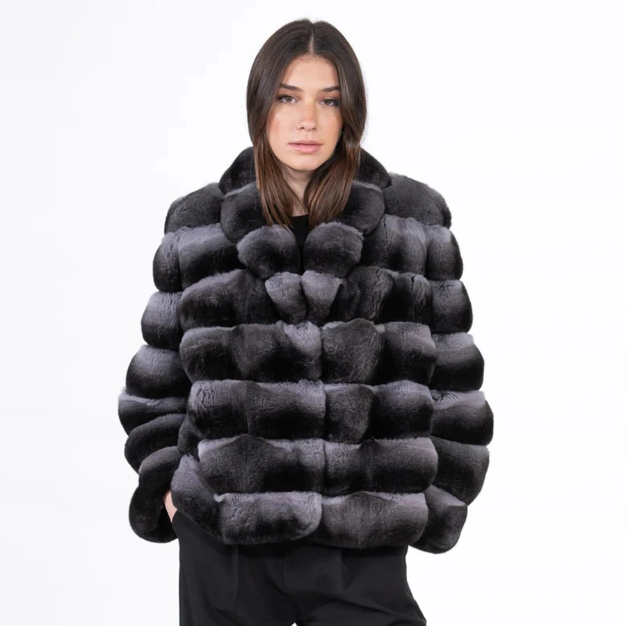 Real Chinchilla Rex Rabbit Fur Coat For Women Luxury Warm Winter Ladies Short Fur Coat New Outerwear