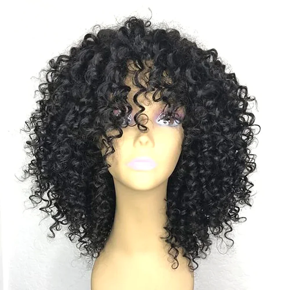 Short Afro Kinky Curly Wigs With Bangs For Women Synthetic Black Hair Glueless Cosplay Wigs High Temperature Fibre