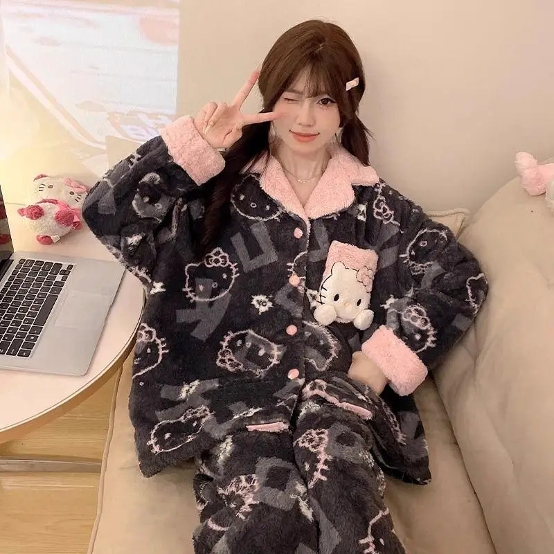 

Sanrio Hello Kitty фланелевой пижамный комплект с круглым вырезом, зимний теплый пижамный комплект Kawaii Kuromi, студенческая модная утепленная одежда для отдыха