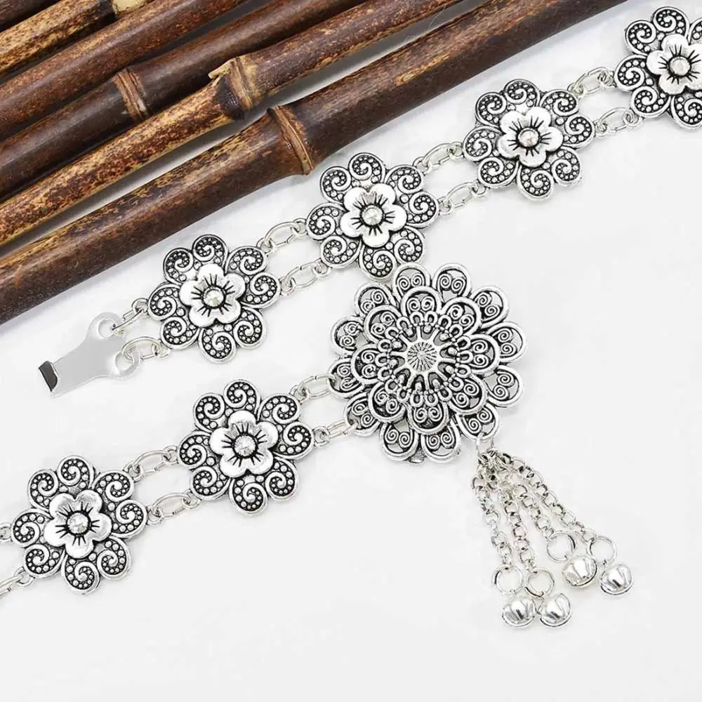 Female India Belly Dance Silver Color Waist Chain Gypsy Thai Turkish Hollow Flower Chain Belts Metal Waist Belts