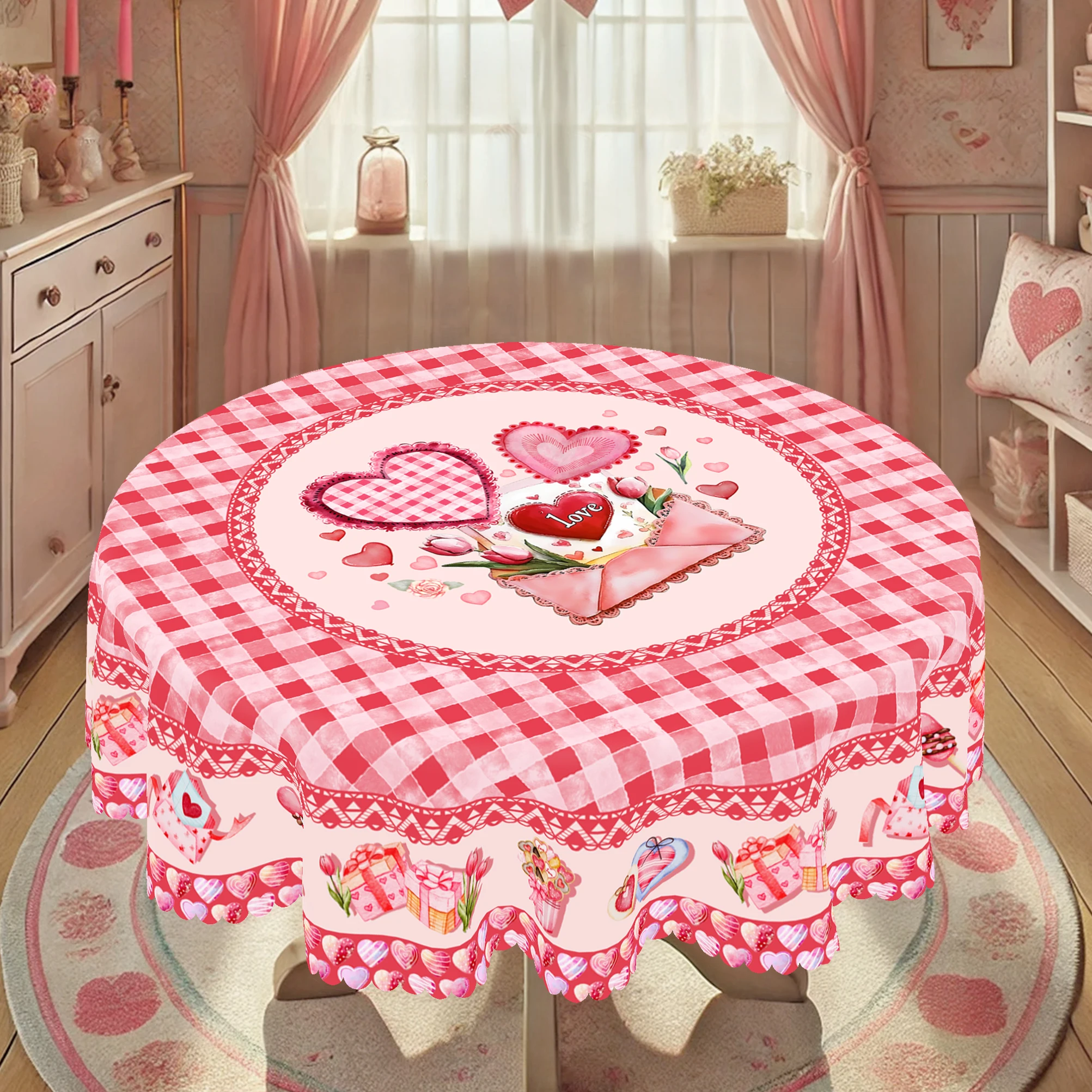 1 Piece, Round/Rectangular Sweet Candy-Themed Polyester Tablecloth + 4 Self-Adhesive Stickers, Pink and White Checkered Print, Pink Gift Box with Tulip Romantic Love Letter and Ice Cream Print, Embossed Edges, Suitable for Home Kitchen, Outdoor Garden, Holiday Gatherings, Restaurant and Banquet Decoration, Party Event Decoration, Suitable for Valentine's Day, Wedding Decoration, Wedding Banquet Tablecloth, Exquisite Gift Valentine's Day-007