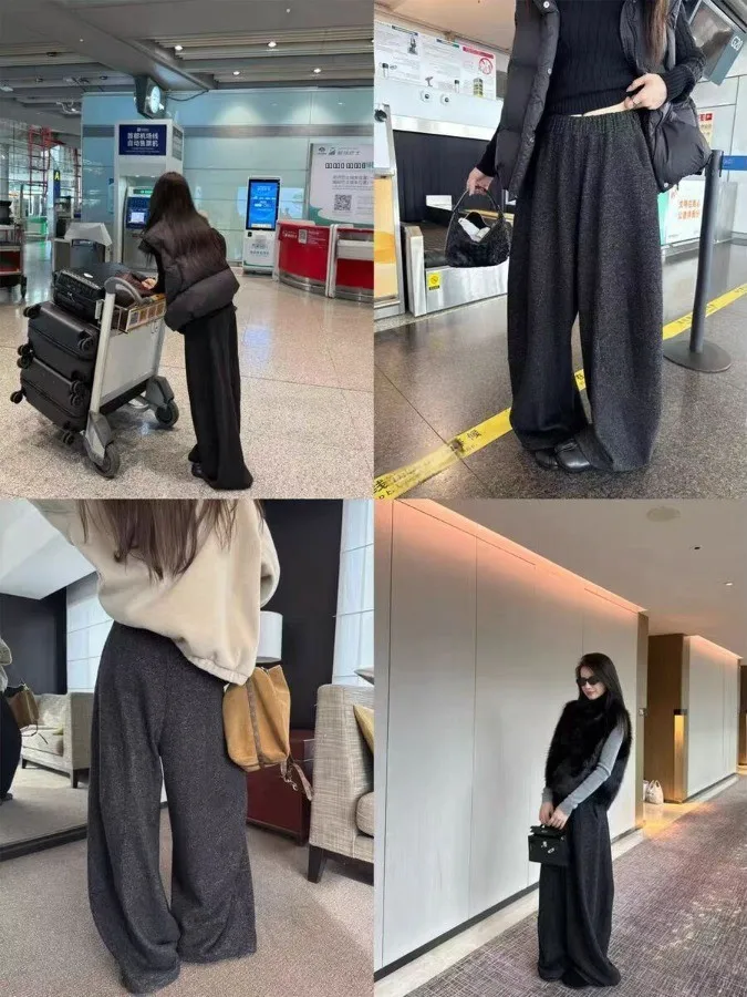 レディース ワイドレッグパンツ バルーンパンツ ウール素材 ルーズフィット 3D効果 カジュアル ストレートカット ミッドハイウエスト 冬服