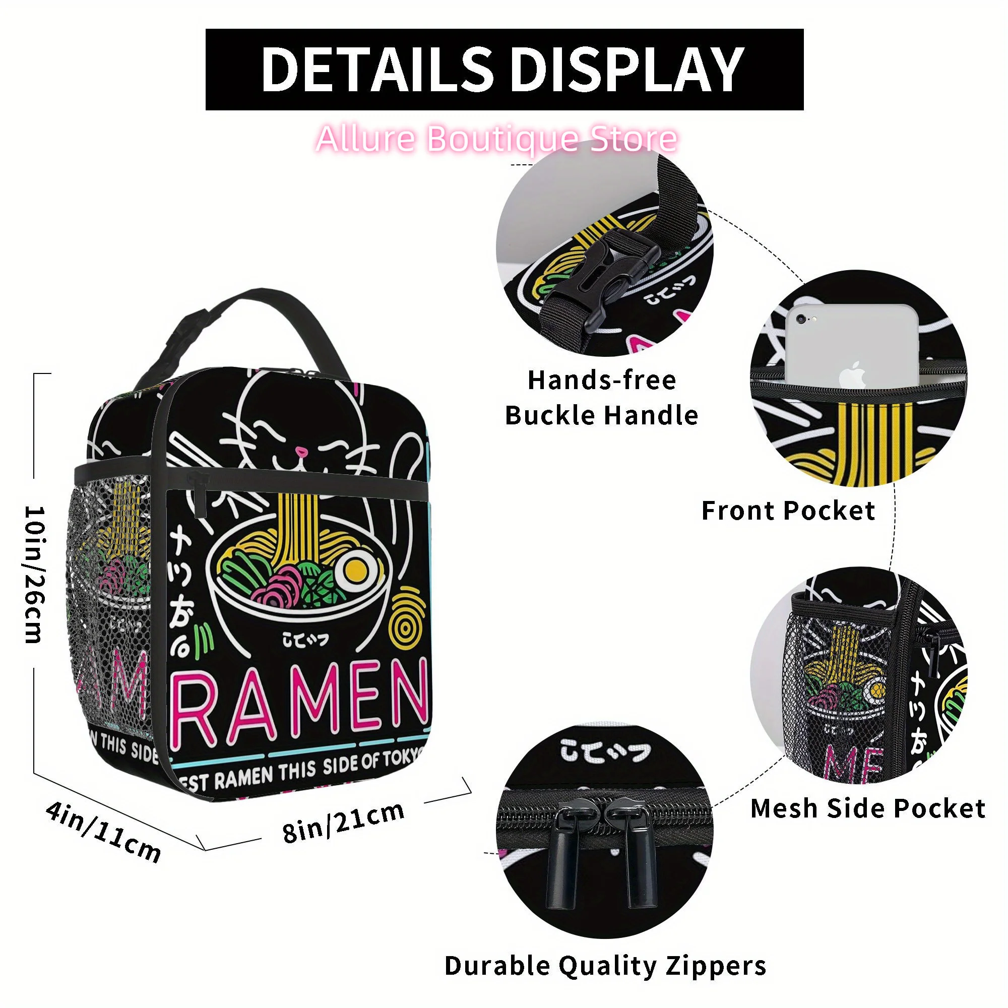 1pc, Ramen Cat Enjoying Noodles Printed Thermal Bag - Insulated Lunch Tote for Home/Restaurant/Office Use (No Food Contact), Uni