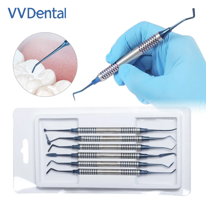 

Dental 6PCS Metal Composite Resin Filling Spatula Spatula Titanium Plated Head Thick Handle Dental Filler Instrument Material