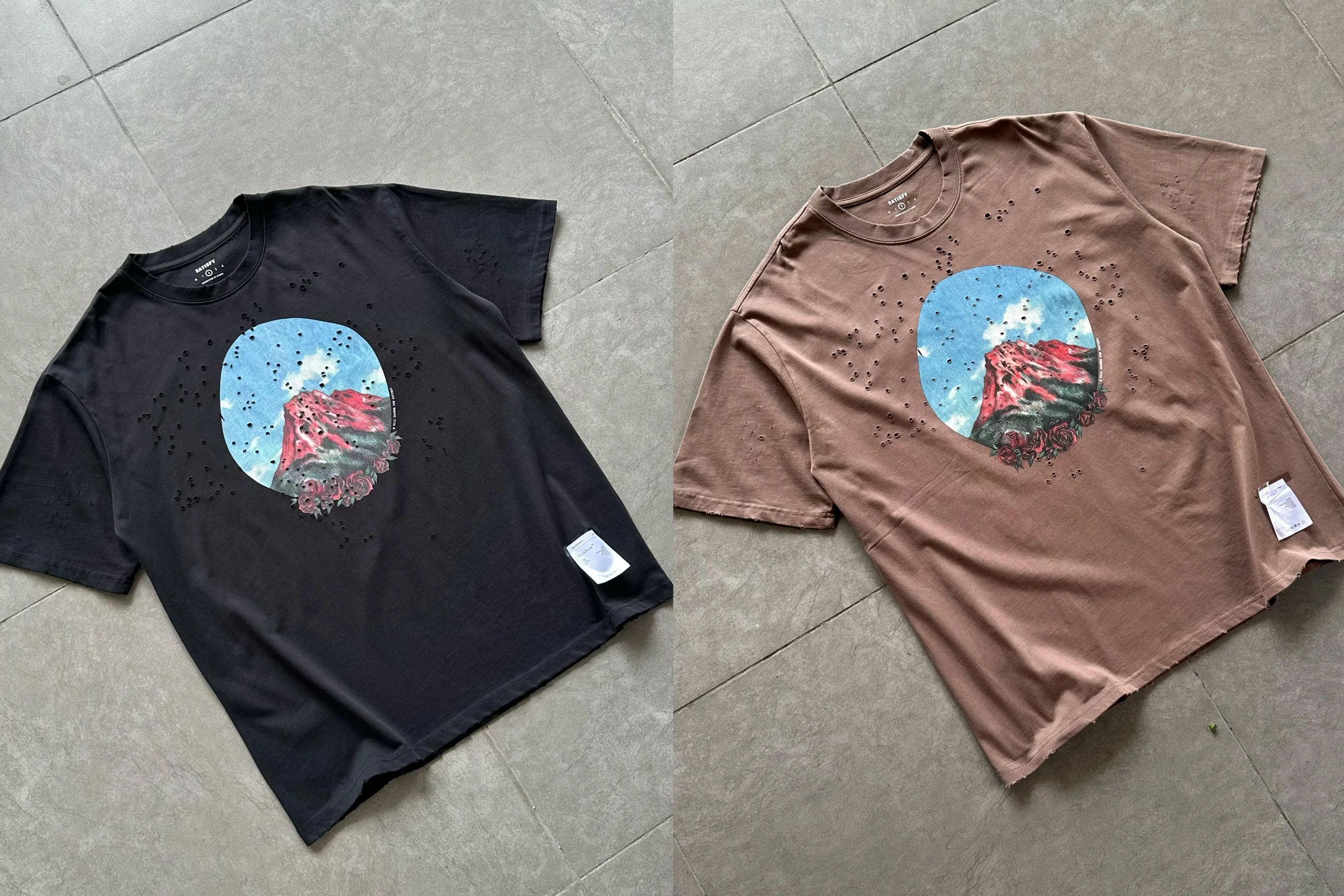 

Organic Cotton ort Sve T-irt for Skateboarders Texture Volcano Print Breathable Casual Top for All Seasons