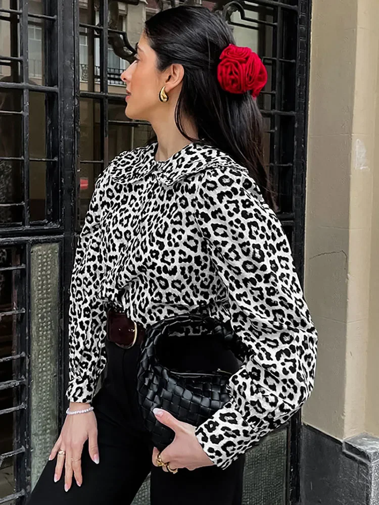 Fashion Leopard Print Shirt Top Women's Summer Lapel Long Sleeve Stitching Button Slim Casual Women's Cardigan Top Shirt