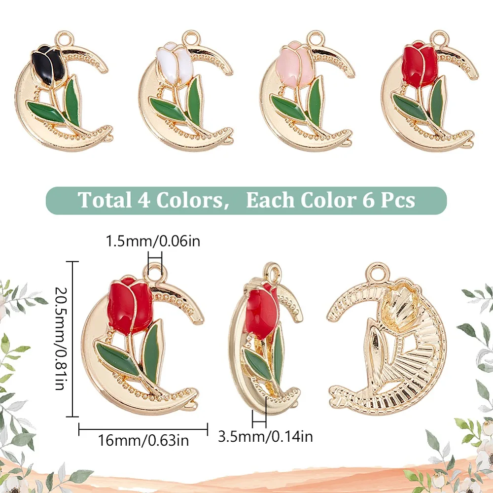 24Pcs 4 Colors Alloy Enamel Pendants Golden Moon with Rose Charm Mixed Color 20.5x16x3.5mm Hole: 1.5mm 6pcs/color