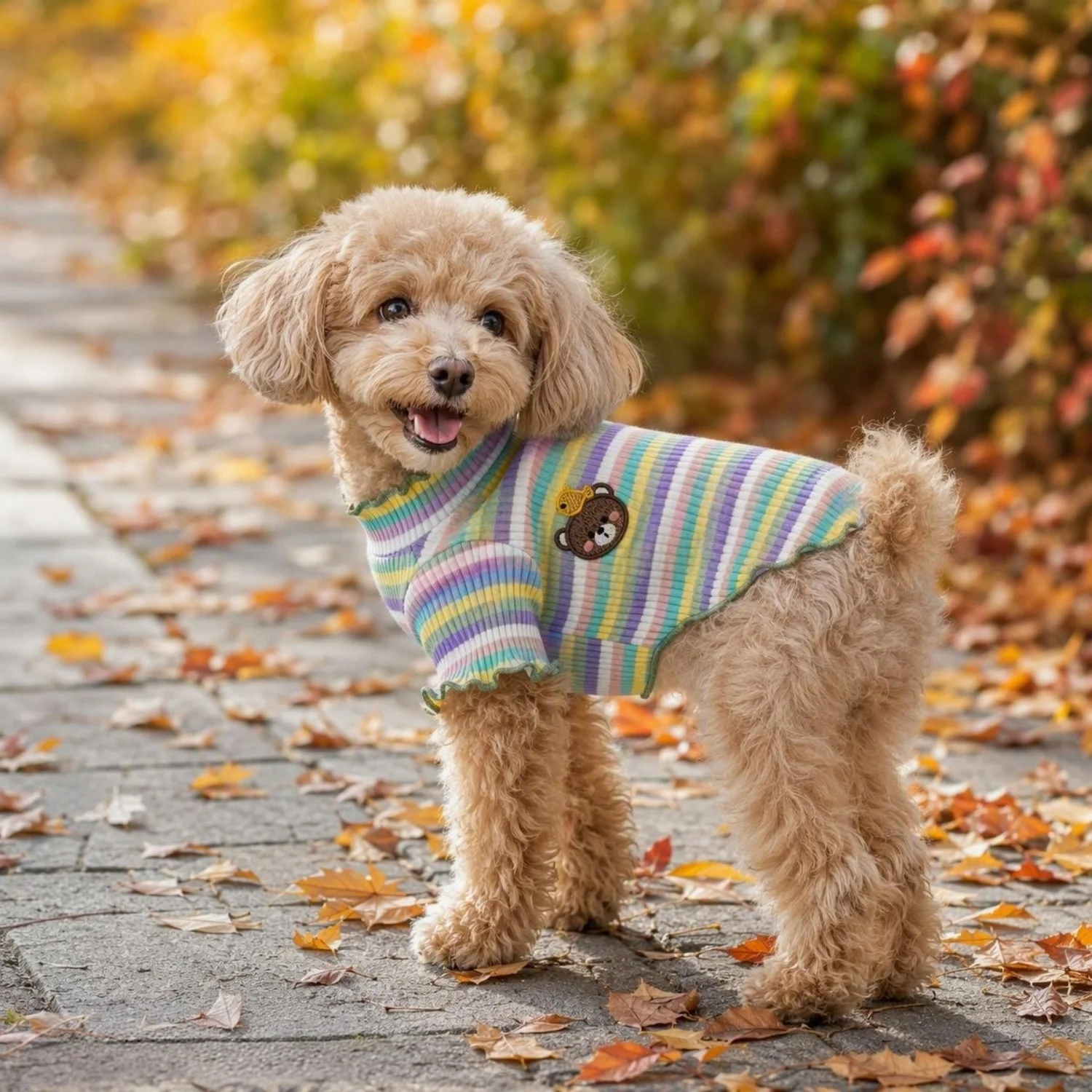 Gestreiftes Strick-Hundehemd mit niedlichem Bärenmotiv, Haustierkleidung, weiches geripptes Welpen-Outfit für Bichon Frise und Teddy. – Detail 23