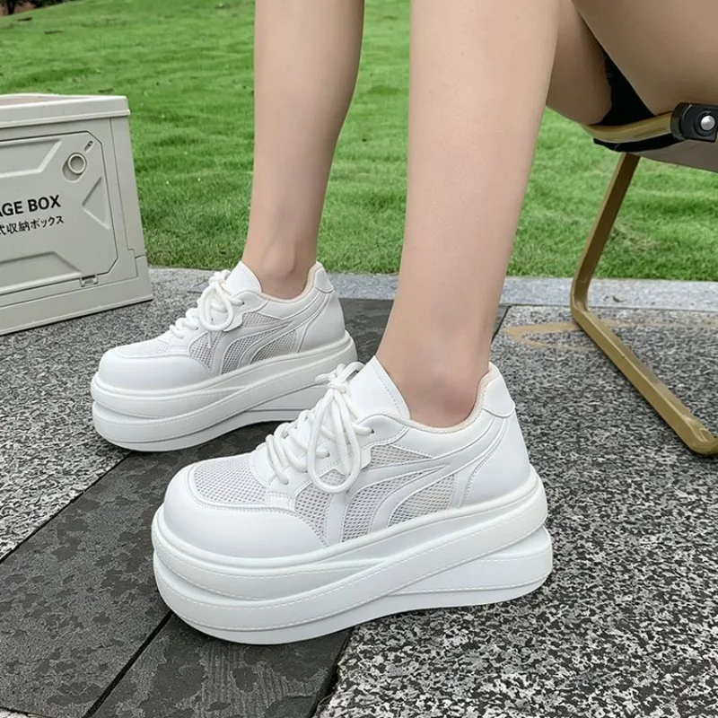 Zapatillas deportivas de plataforma de malla para mujer, con cordones, de caña baja, suela gruesa, que aumentan la altura, transpirables, informales, para caminar a diario, calzado deportivo.