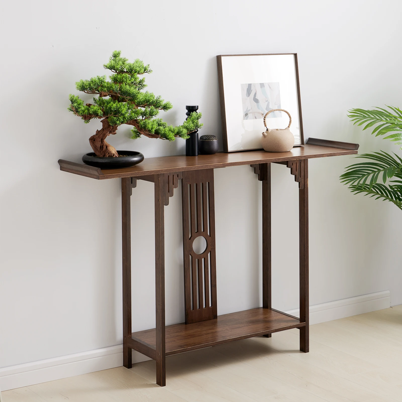 Table Console Vintage Étroite et Longue en Bambou, Meuble Moderne pour Entrée, Couloir et Salon