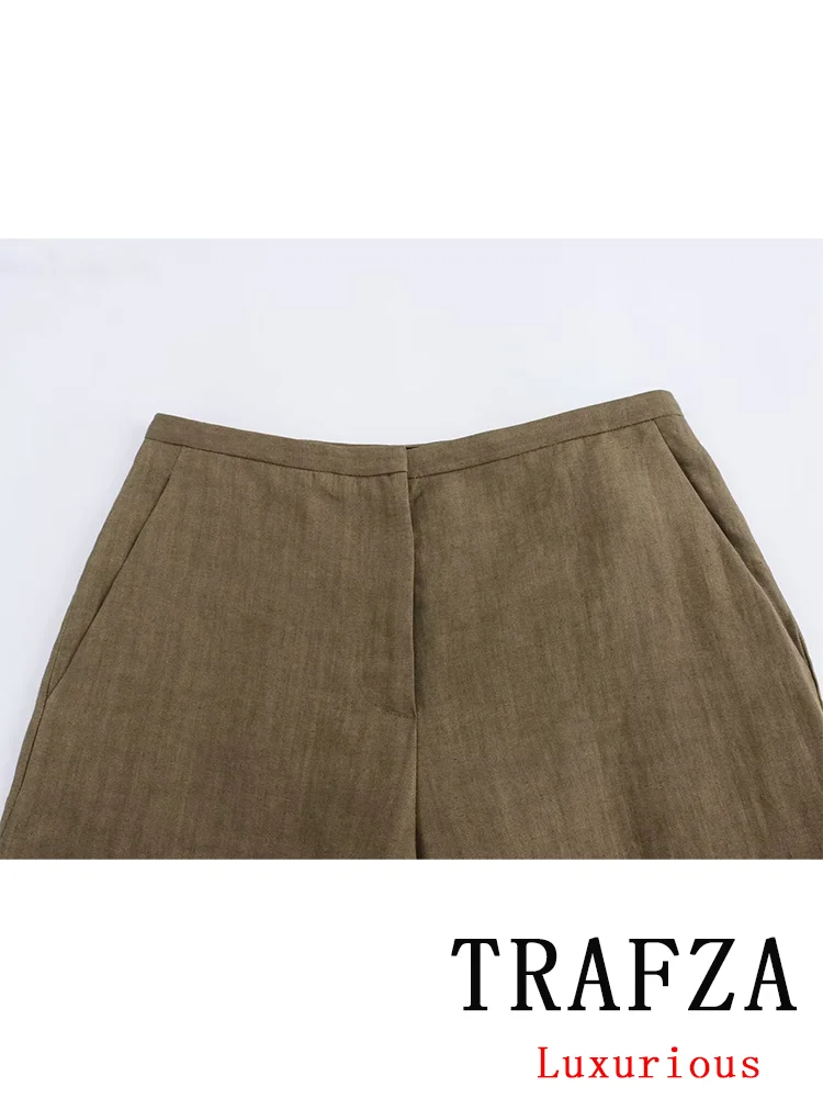 TRAFZA Vintage Casual Chic Solid Women Suit Sleeveless Backless Halter Top Loose Long Pants New Fashion 2024 Autumn Basics Sets