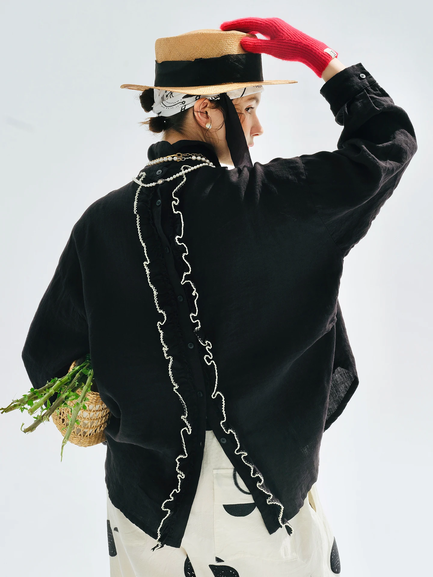 Imakokoni 2025 début automne bord fleuri haut noir décontracté à manches longues femme 255175