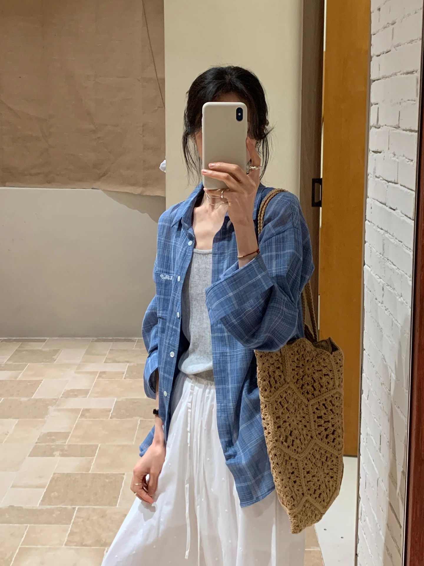 

Blue Plaid Casual Long Sleeve Shirt Women's Two-Piece Set Spring Summer Loose Fit Comfortable Breathable Mid-Length Design