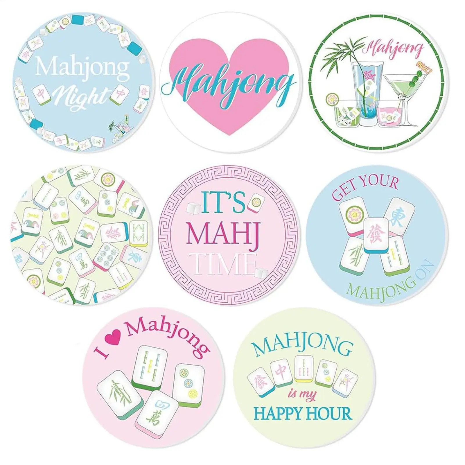 Mahjong Coasters 8pcs Round Wooden Heat Resistant Mat Non-Slip Drink Table Protector for Night Party Bar Home Kitchen Decor Gift