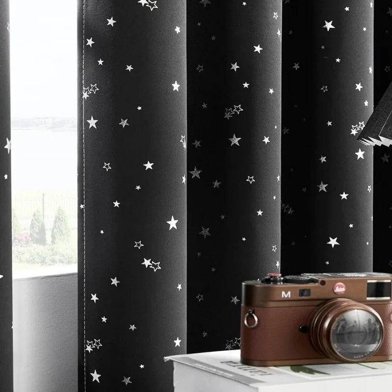 1pc Blackout Curtain, Solid Color With Metallic Star Pattern, Polyester Blend, Room Darkening, Thermal Insulated, UV Blocking Fo