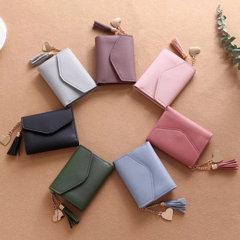 Mini Triple-Fold PU Wallet for Women Litchi Grain Texture Snap Closure Tassel Love Heart Pendant Light Grey Cash