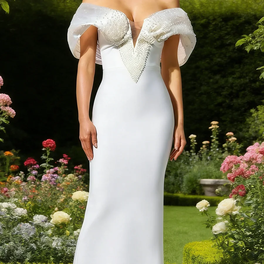 Chic Off The Shoulder Beads Sleeveless Ankle Length Straigh Bride Wedding Dresses Bridal Gowns Customized