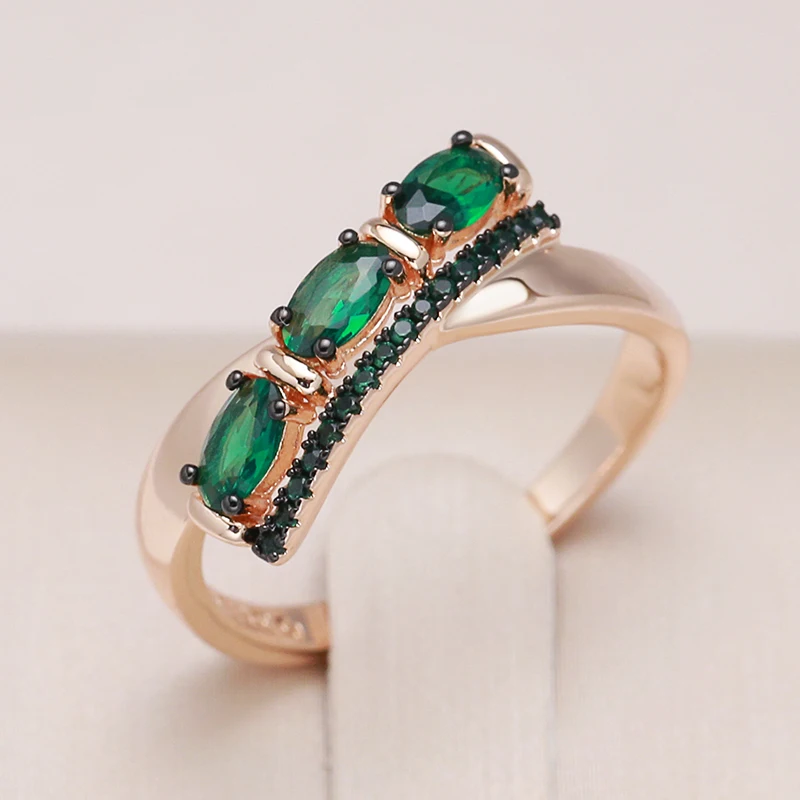 Kinel Hot Green Natural Zircon Ring For Women 585 Rose Gold Color And Black Plating Vintage Wedding Jewelry