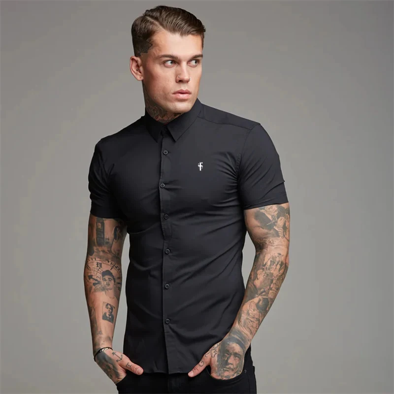 2025 Summer Men\'s Fashion Base Shirt T-shirt Lapel Casual Micro Elastic Business Shirt Loose Solid Color Printed T-shirt