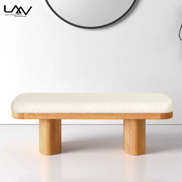 Nordic Simple Style Wooden Bedroom Sofa Bench Hotel Villa Living Room White Upholstered Footstool Furniture