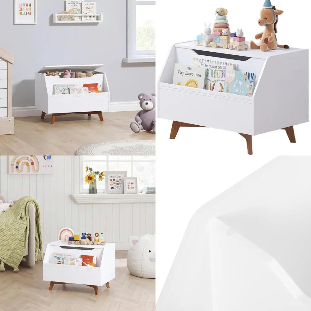 White Wooden Toy Chest with Front Book Holder, Kids Storage Bench Organizer for Boys & Girls