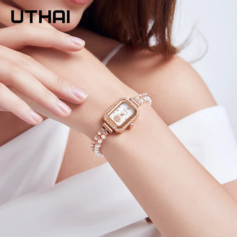 UTHAI W40 Watch For Women Pearl Fritillary Square Waterproof Fashion Luxury Amethyst Diamond inlaid Lady Bracelet Wristwatches