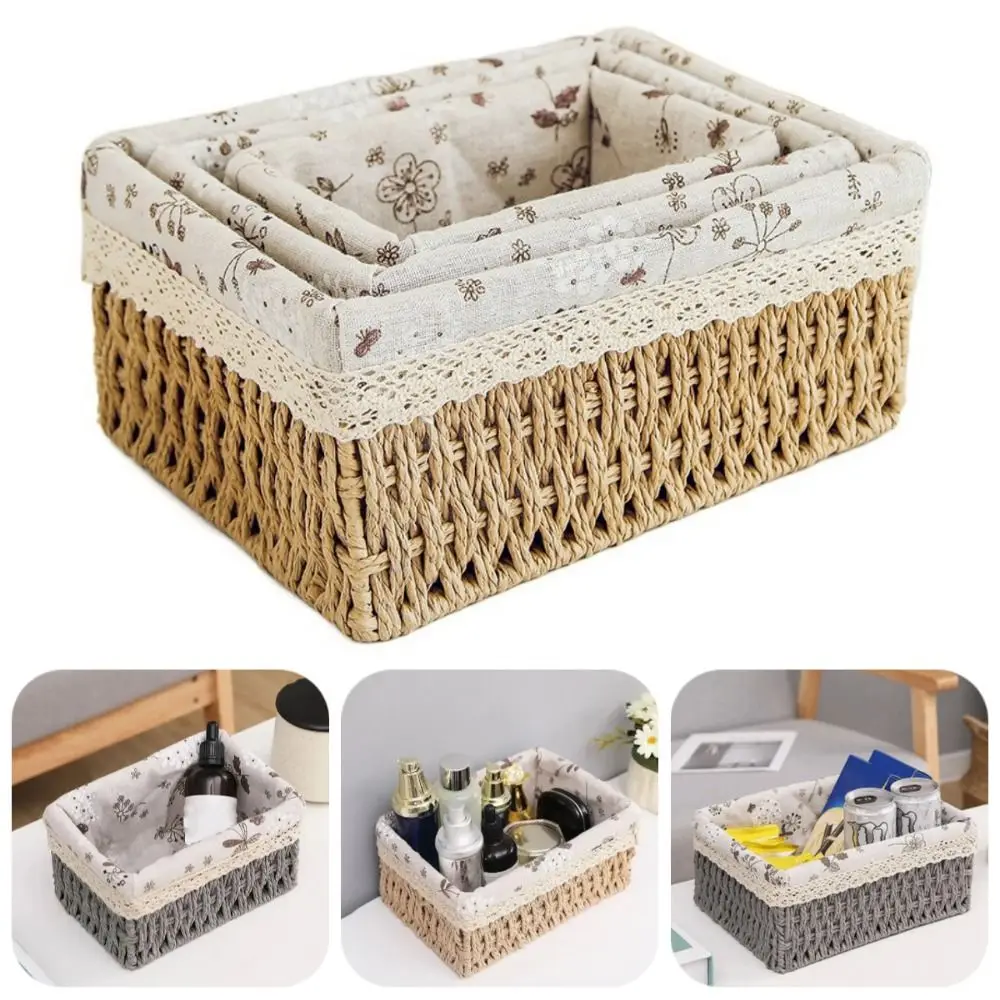 

Rectangular Handmade Rattan Storage Baskets Save Space with Liner Cosmetics Storage Box Large Capacity Reusable