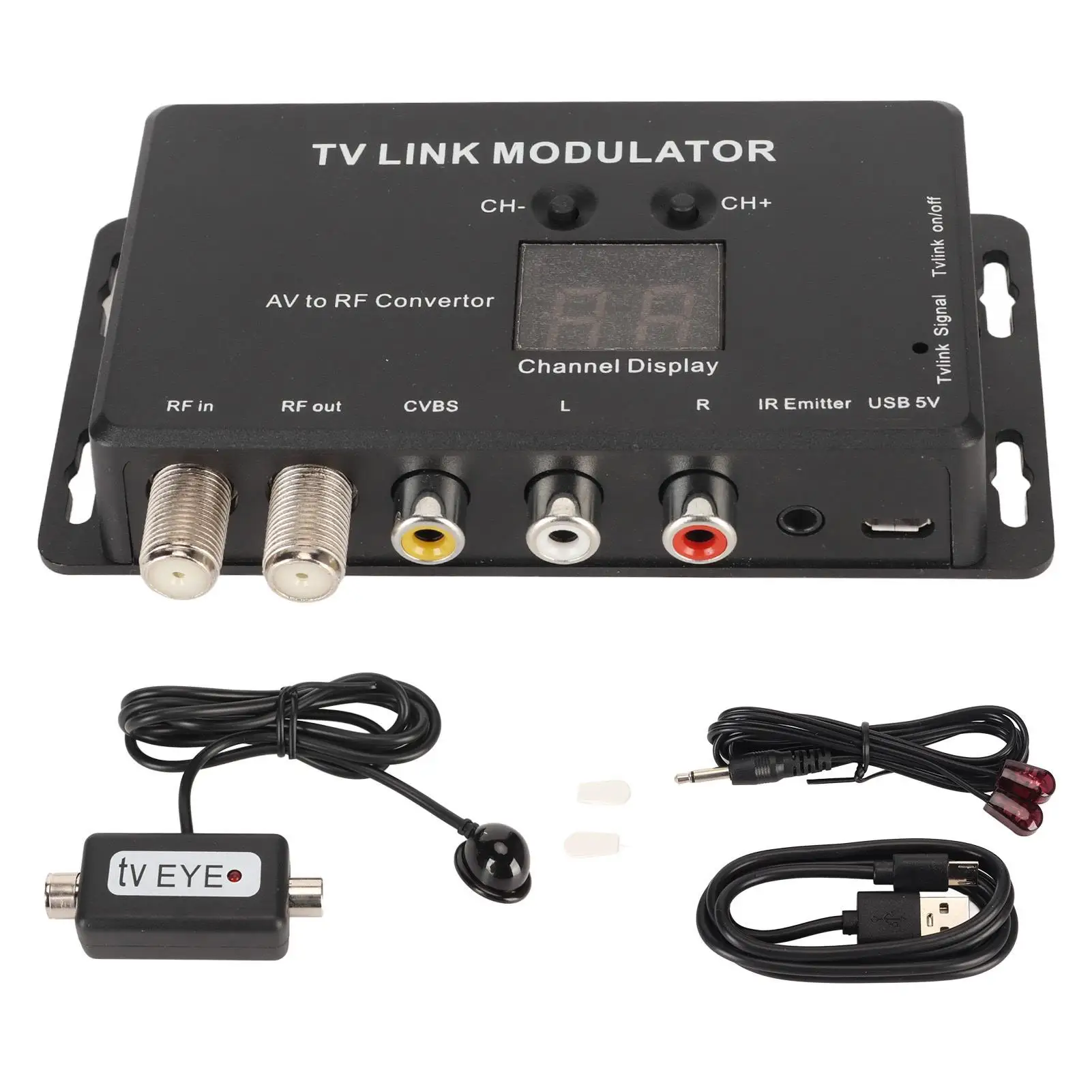 UHF TV Link Modulator 471.25-885.25MHz, PAL/NTSC AV to RF Converter, IR Extender with Return Function