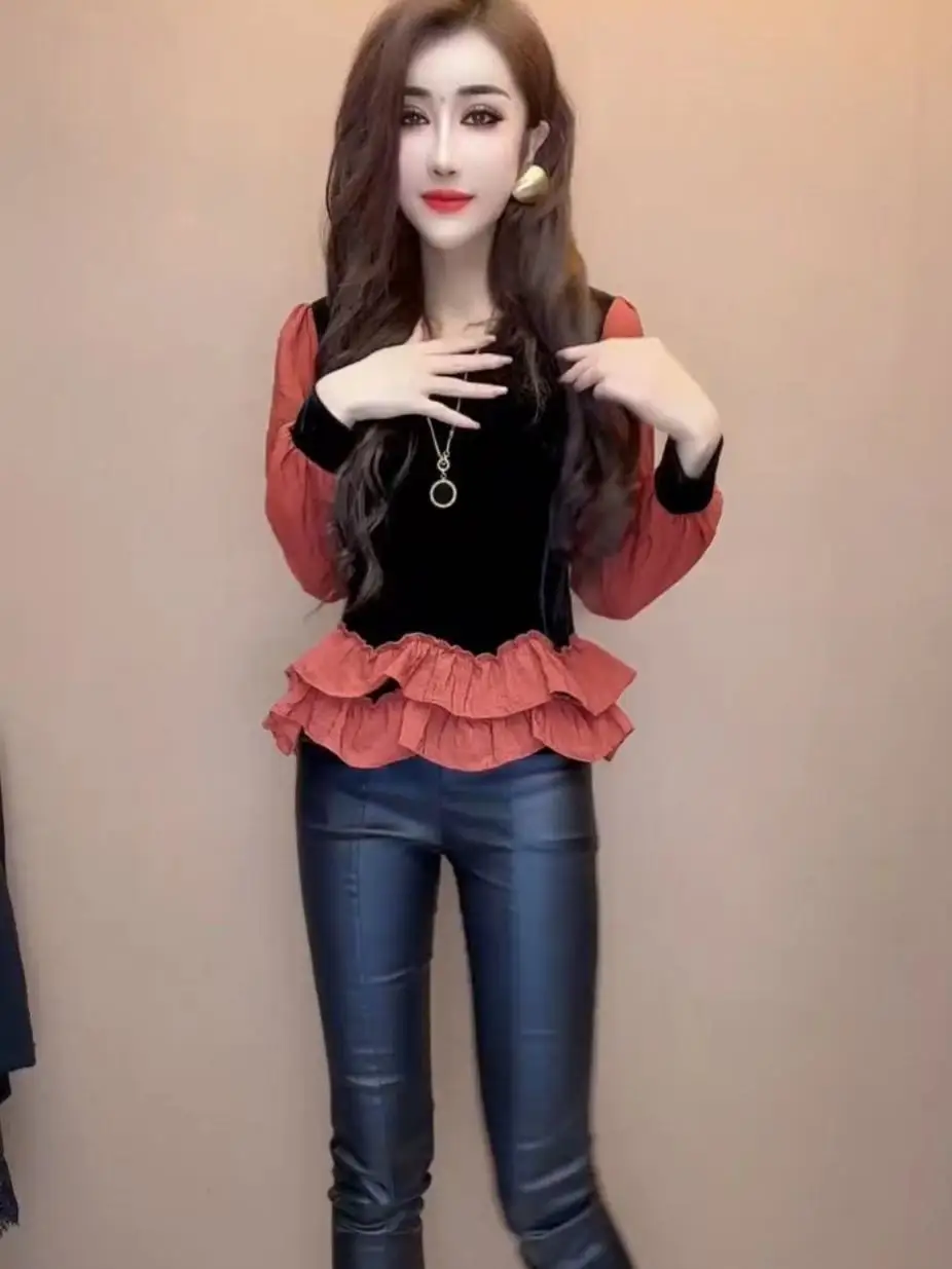 Korean style autumn and winter new style fashionable slim long-sleeved top for women's fashionable spliced velvet shirt