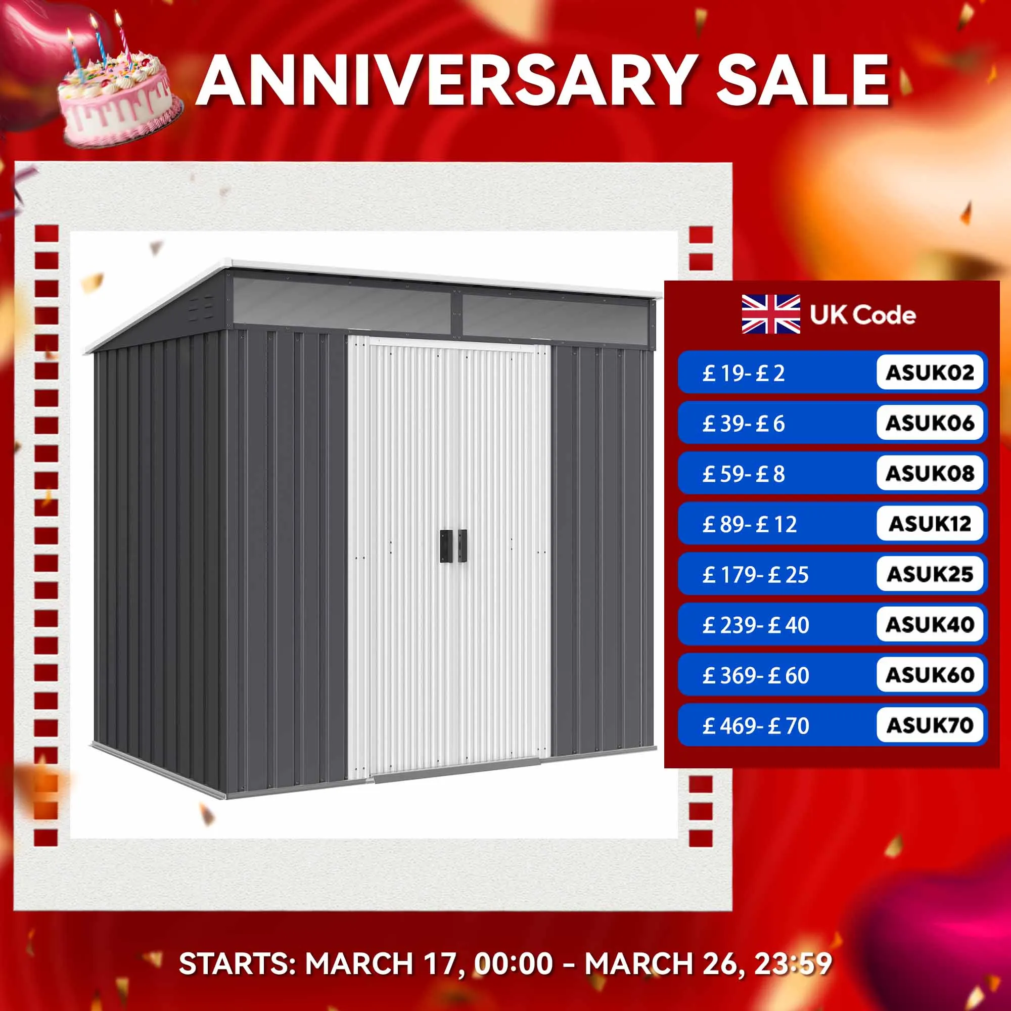 سقيفة حديقة معدنية قابلة للقفل مع طقم أساس ، أبواب منزلقة ، 6.5 × 4 قدم ، رمادي